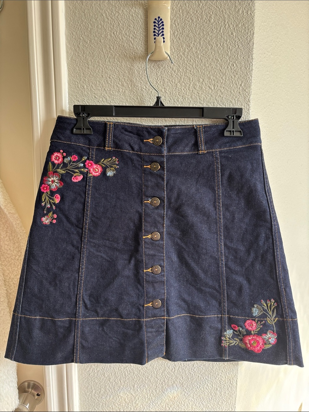 kate spade Navy Denim Button-Front Mini Skirt with Pink Floral Embroidery